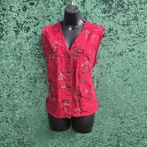 Chico's Red Embroidered Button-Up Blouse